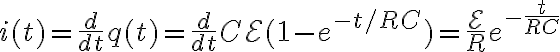 $i(t)=\frac{d}{dt}q(t)=\frac{d}{dt}C\mathcal{E}(1-e^{-t/RC})=\frac{\mathcal{E}}{R}e^{-\frac{t}{RC}}$